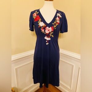 Johnny Was Navy Floral Embroidered V-Neck Dress